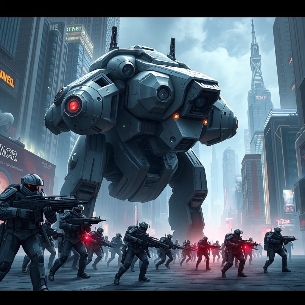 Cyberpunk Mecha Marches into Futuristic Cityscape