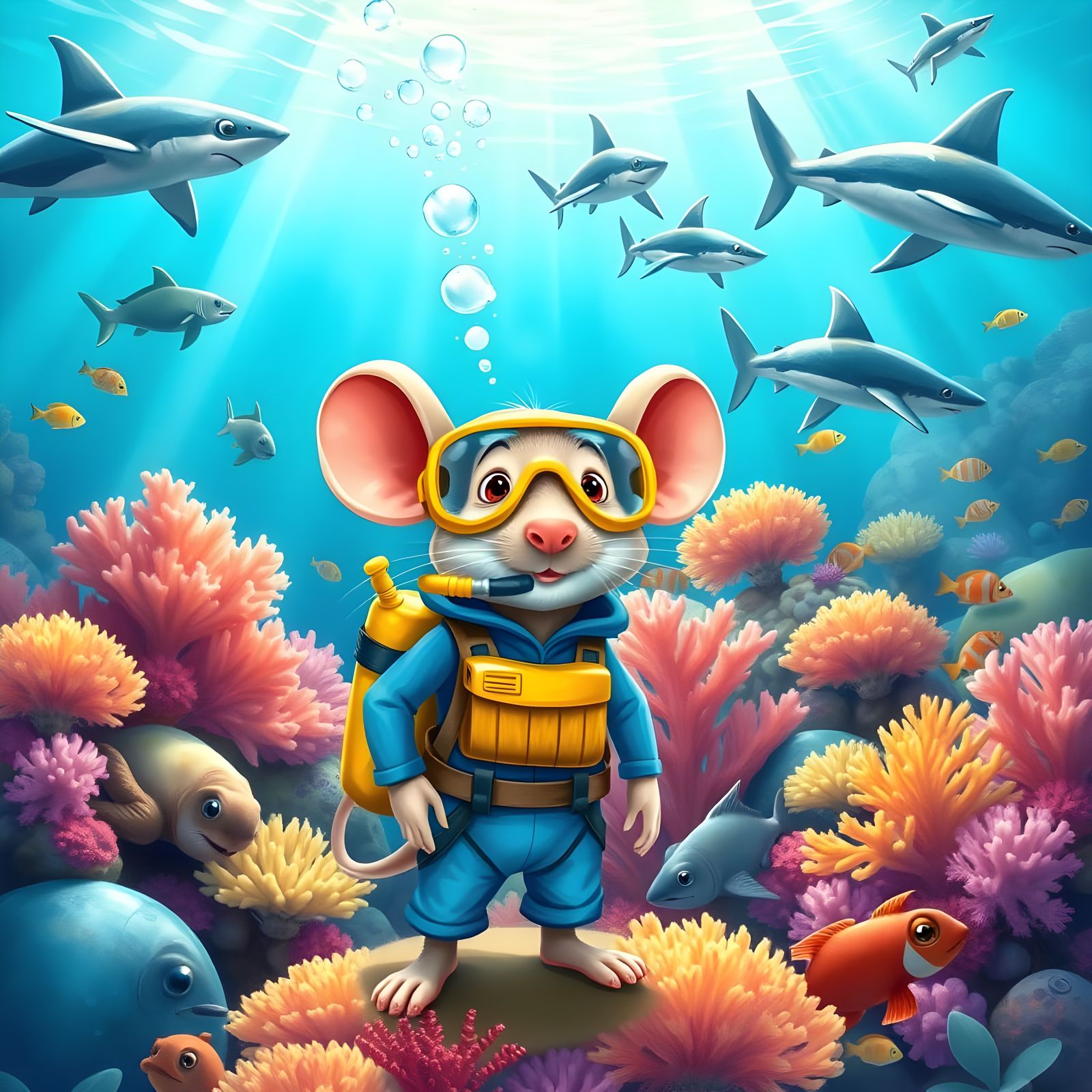Mouse Scuba Diver on Coral Reef, Cartoon Style