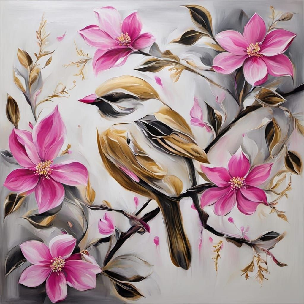 Abstract Floral Painting of Birds in Pink and Gold