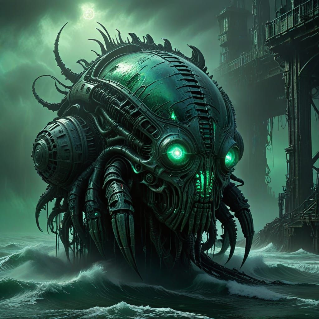 Ancient, Crystal Vessel Hovers Amidst Turbulent Sea Waves in...