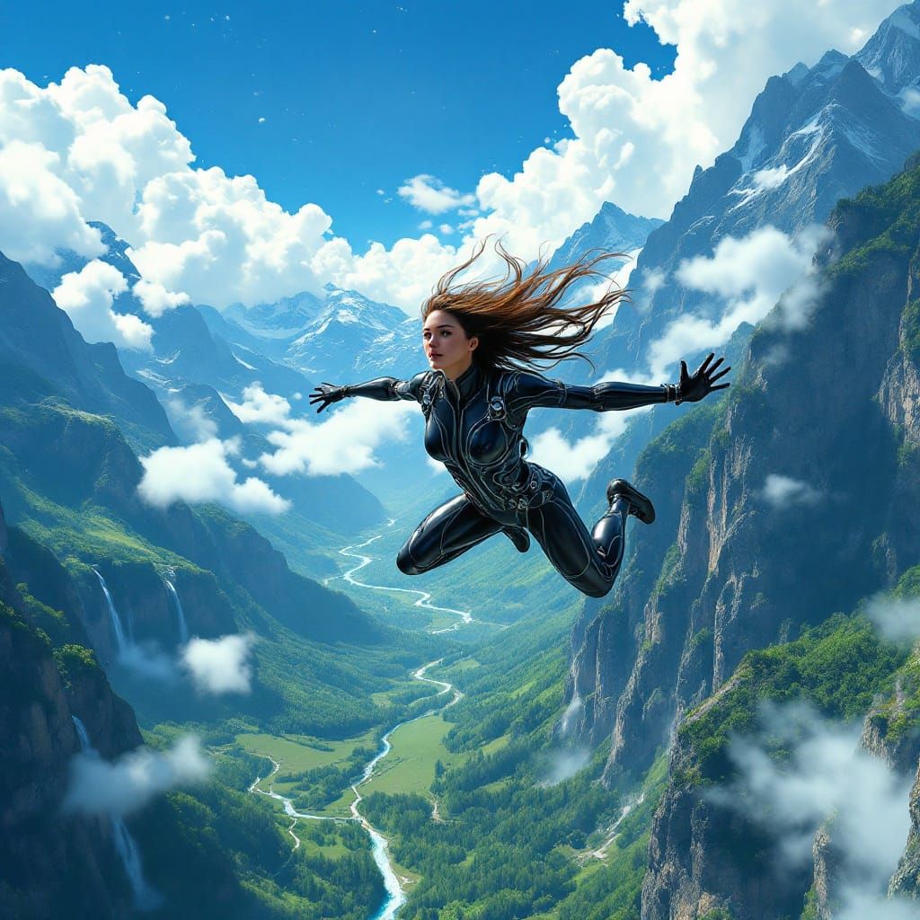 Stunning Hyper-Realistic Skydiver in Futuristic Landscape