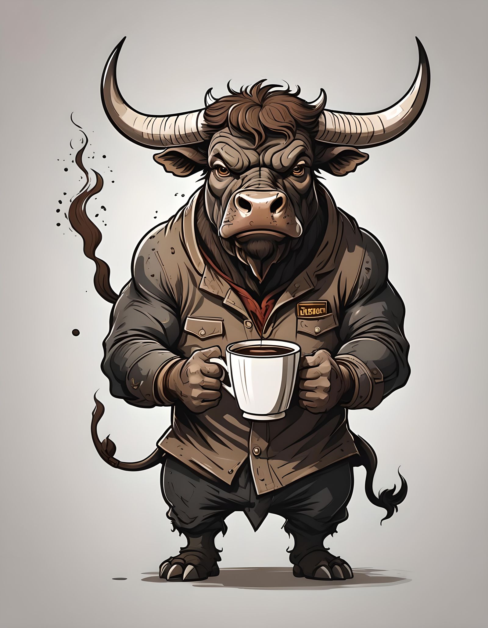 Cartoon style, mad bull hoding a cup of coffee. On white bac...