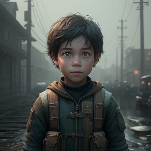 Cinematic Boy in Whimsical, Dreamlike Scene