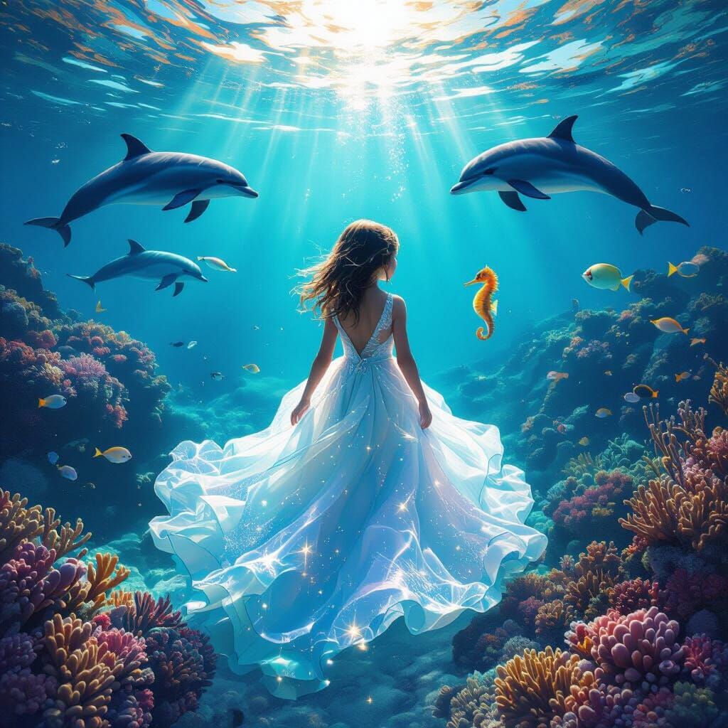 Girl in Ocean Wave Dress with Dolphins and Coral