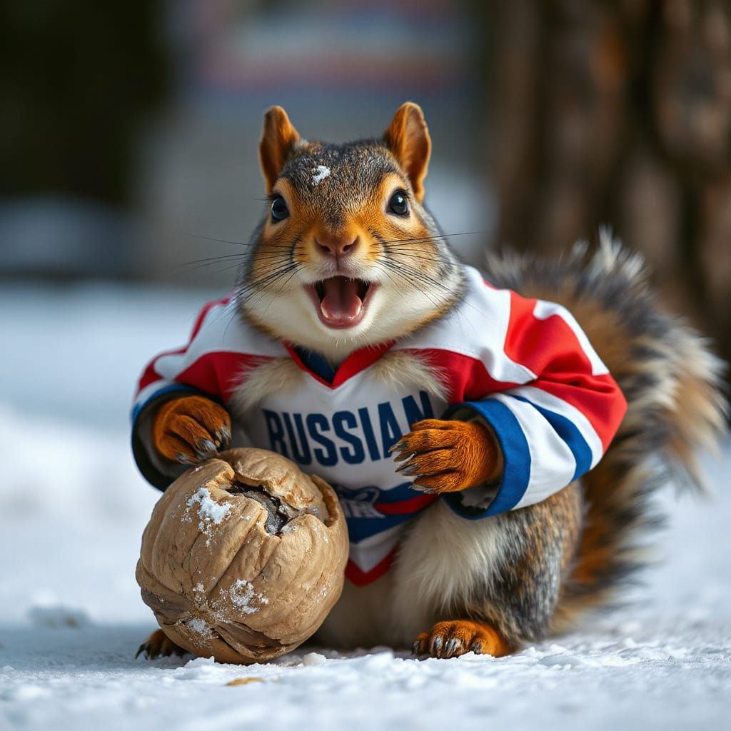 Joyful Squirrel in Hockey Uniform Gnaws Walnut in Cinematic ...