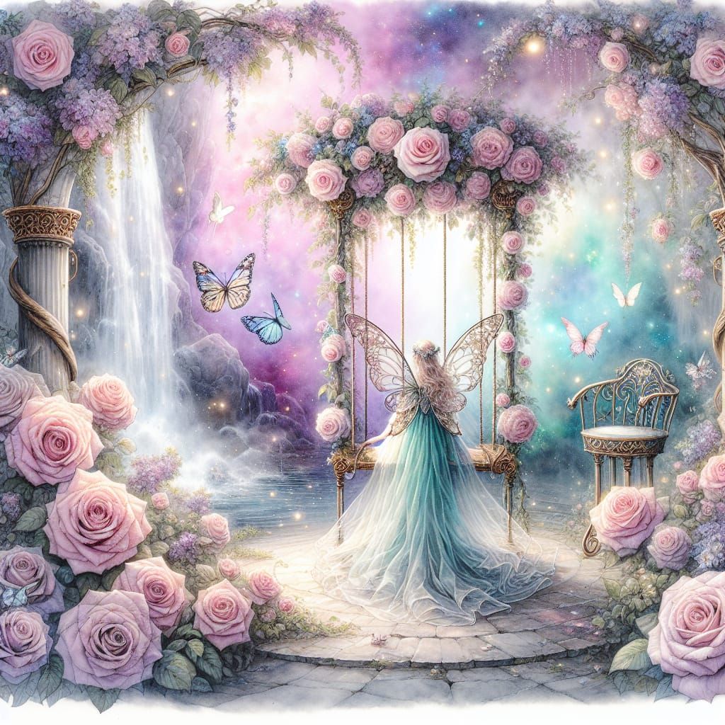 Ethereal Rose Fairy in Whimsical Watercolor Landscape