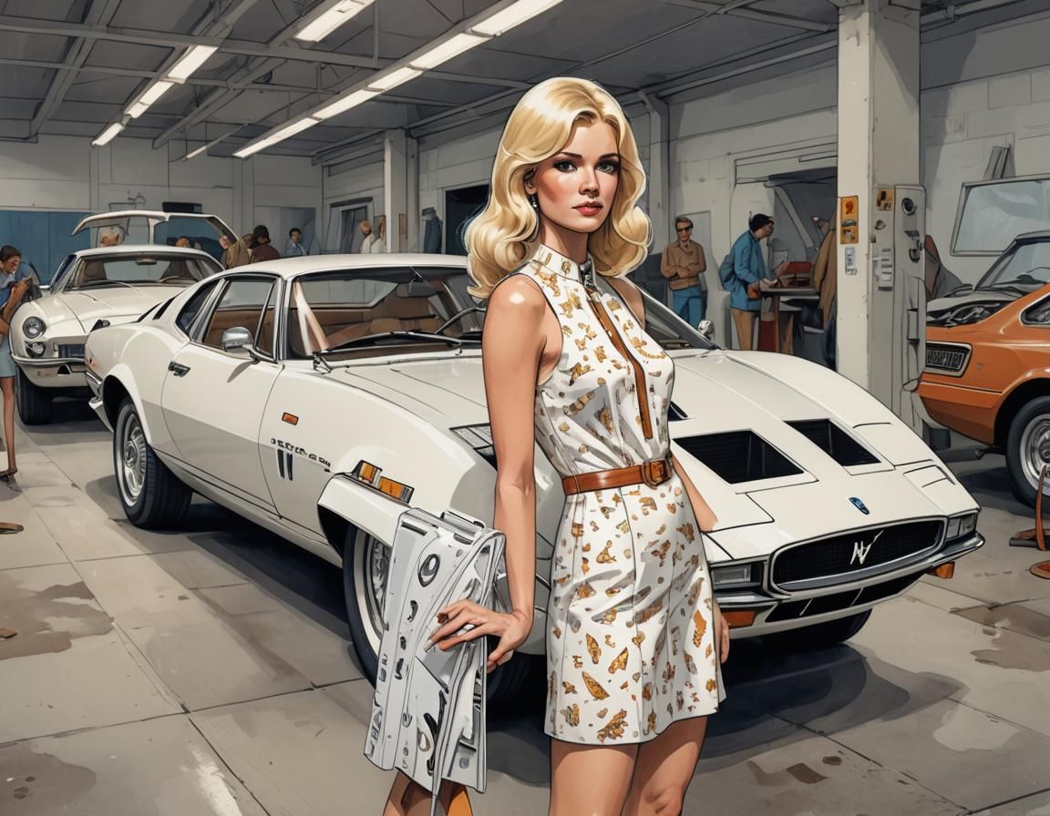 Blonde Woman and Maserati Boomerang in Comic Art
