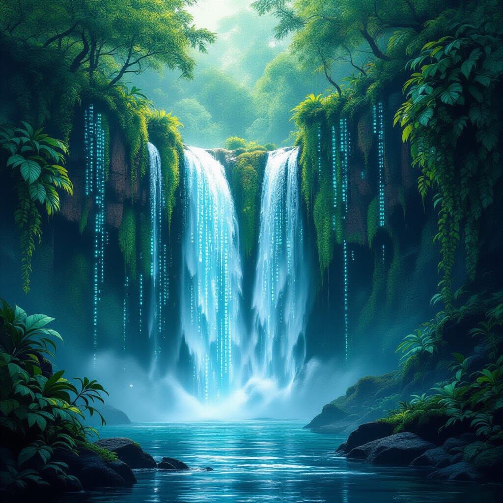 Digital Waterfall Amidst Bioluminescent Alien Flora