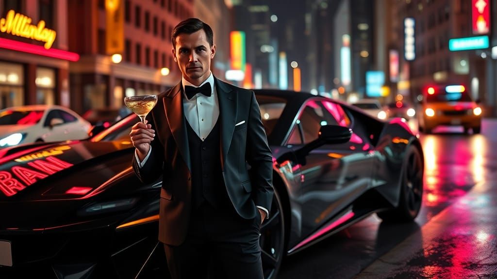 Secret Agent in Tuxedo by Sports Car at Night