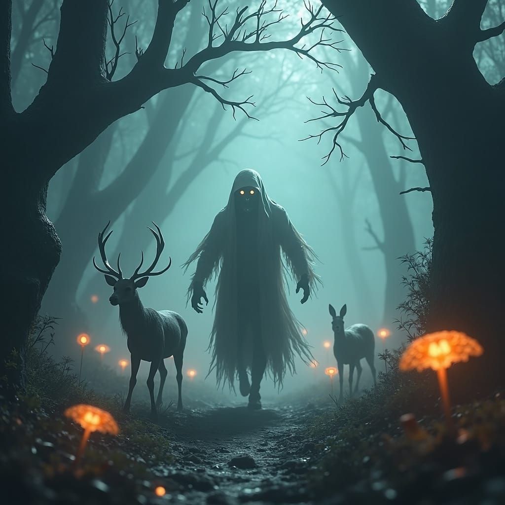 Ethereal Apparition in Dark Forest Landscape