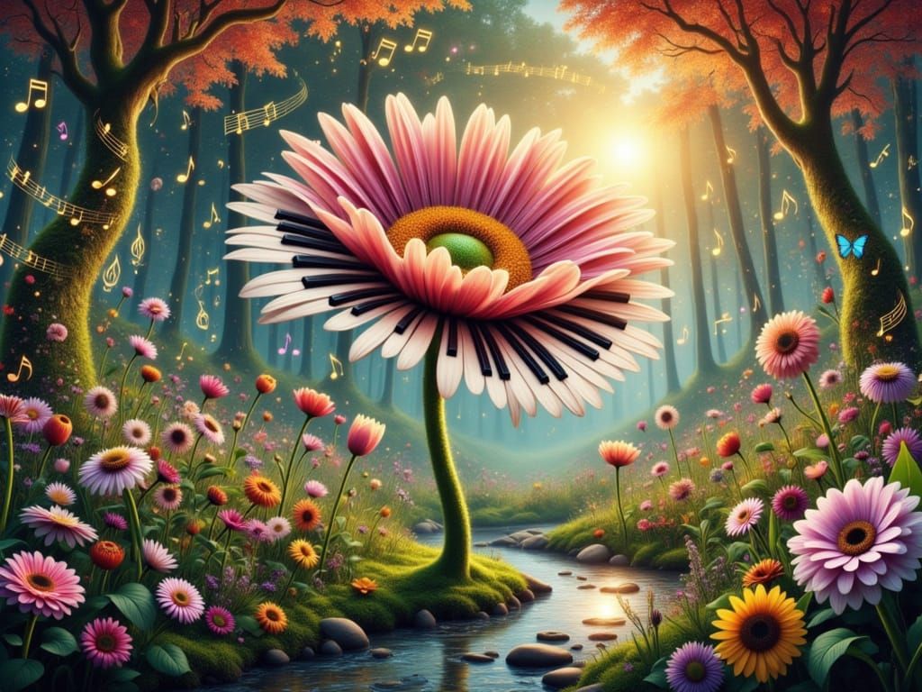 Magical Gerbera Daisy with Piano Keys and Musical Bliss