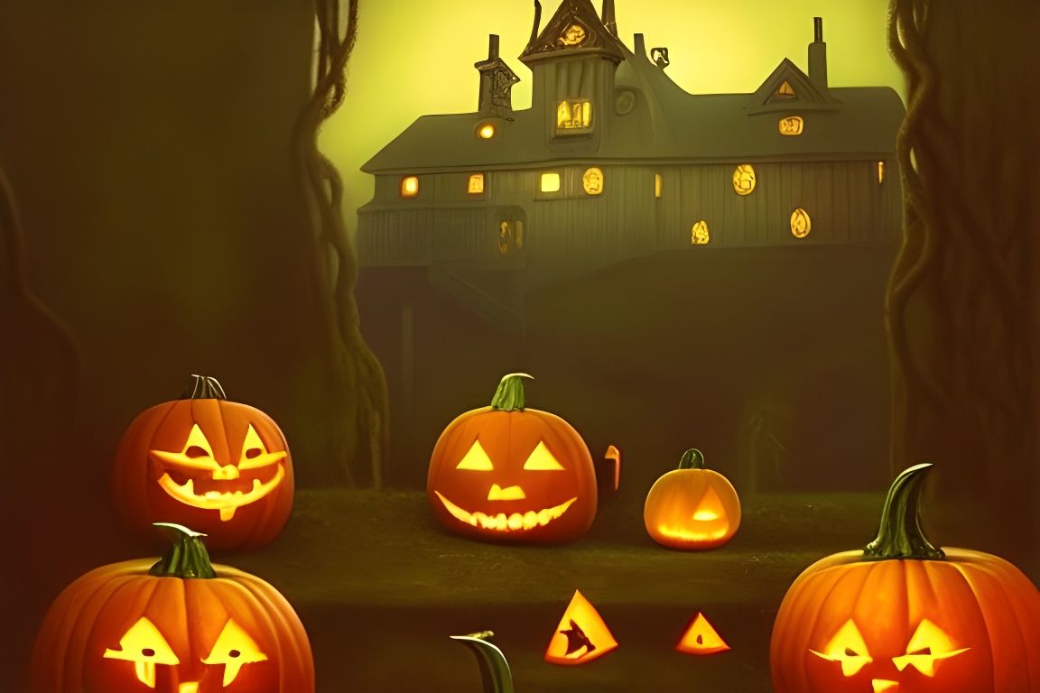 Sinister Haunted House at Golden Hour: Naif Oil Painting