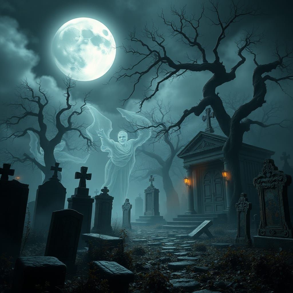 Mystical Graveyard Apparitions in Moonlight, Fantasy Concept...