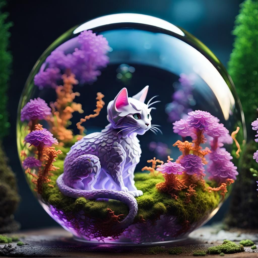 Dragon Cat in Glass Sphere: 8K Concept Art
