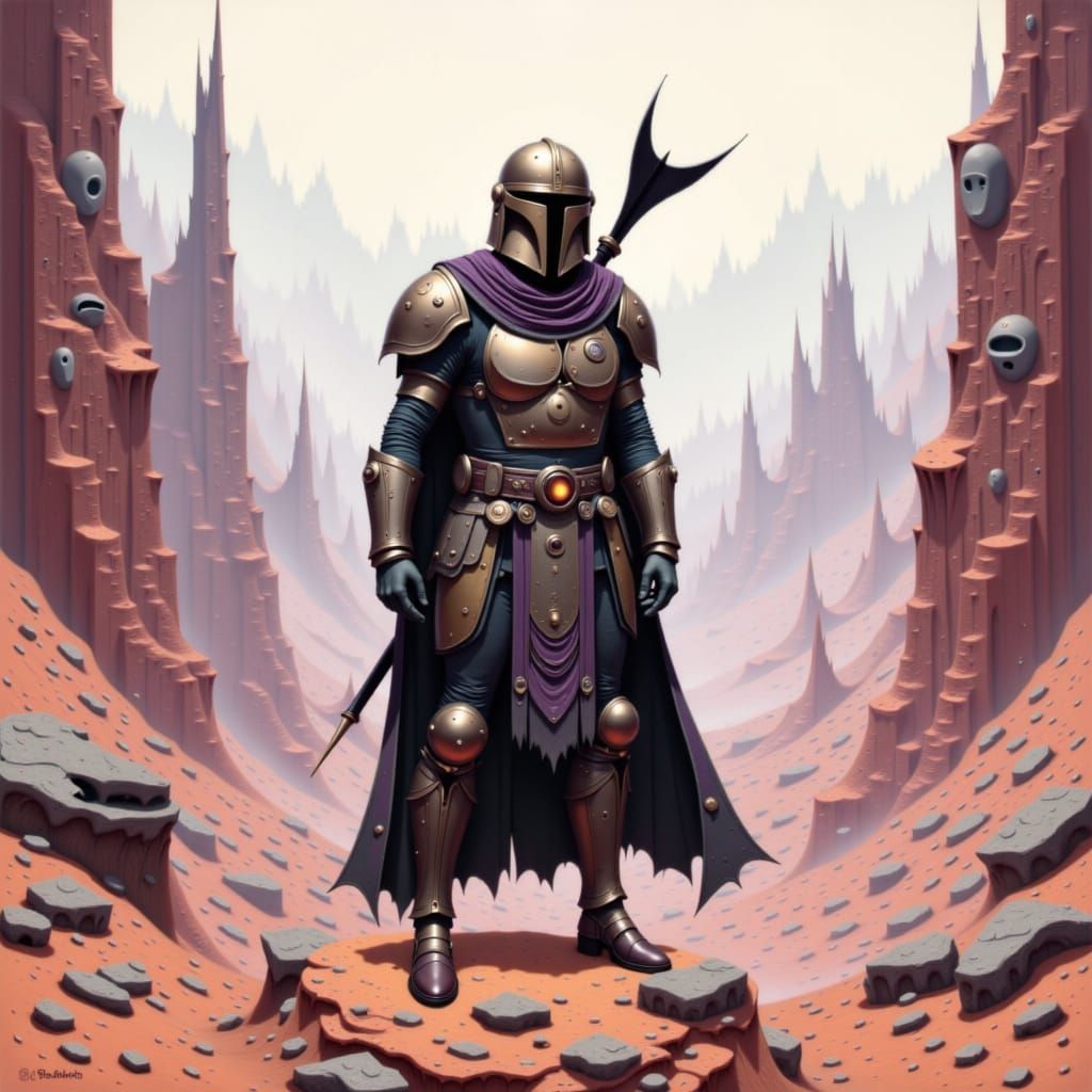 Mandalorian Warrior on Guard in Retro Sci-Fi Style