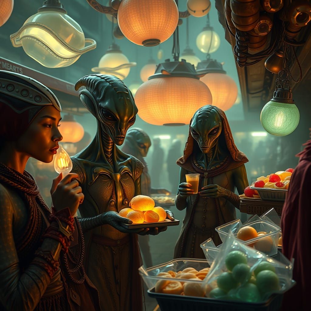 Alien Market: Bizarre Glowing Foods and Exotic Shoppers