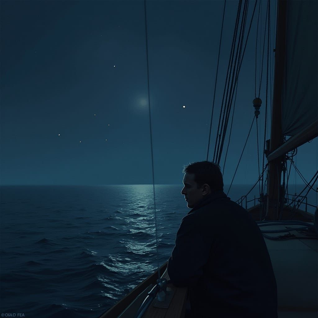 Man Stares at Dark, Still Sea with Sense of Foreboding