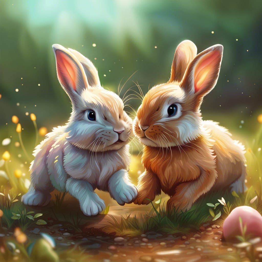 Hyperrealistic Bunnies Playing in a Colorful Field