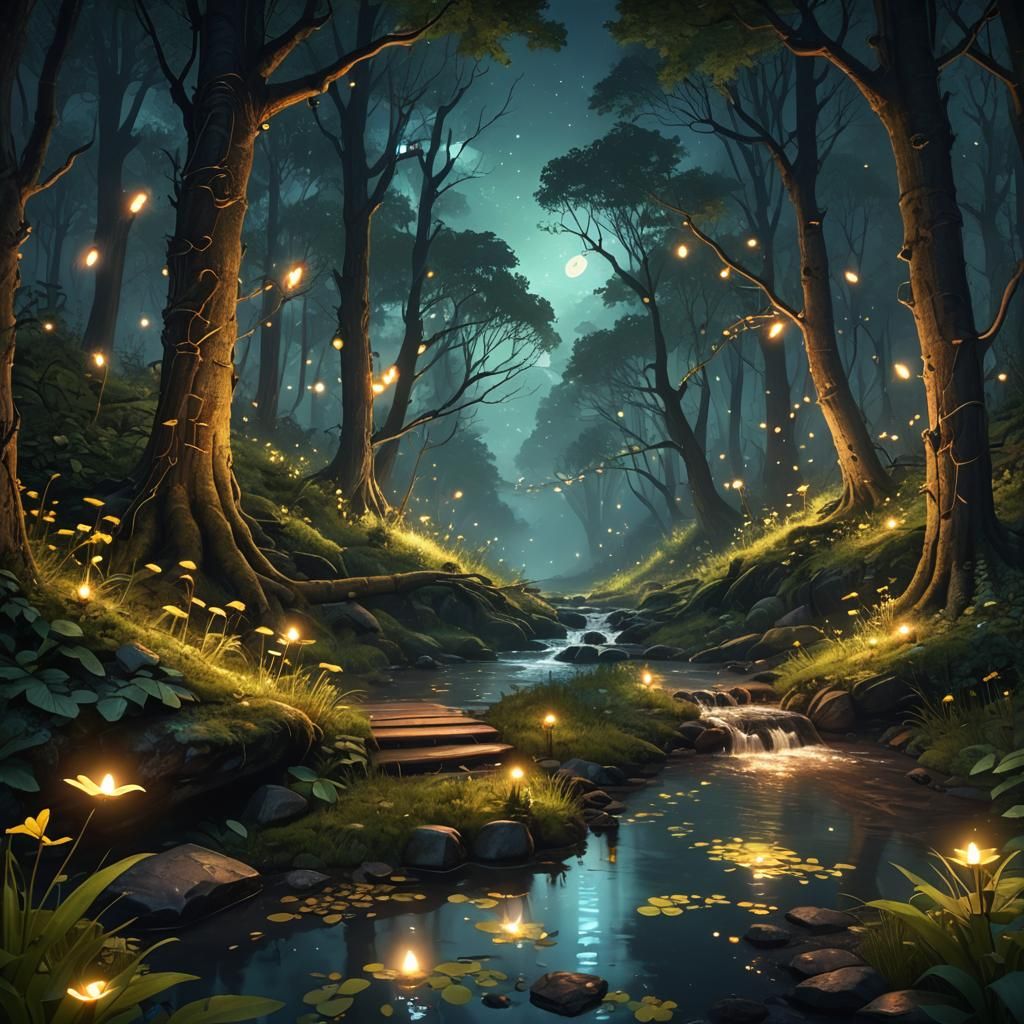 Enchanted Forest: Fireflies and Stream at Night