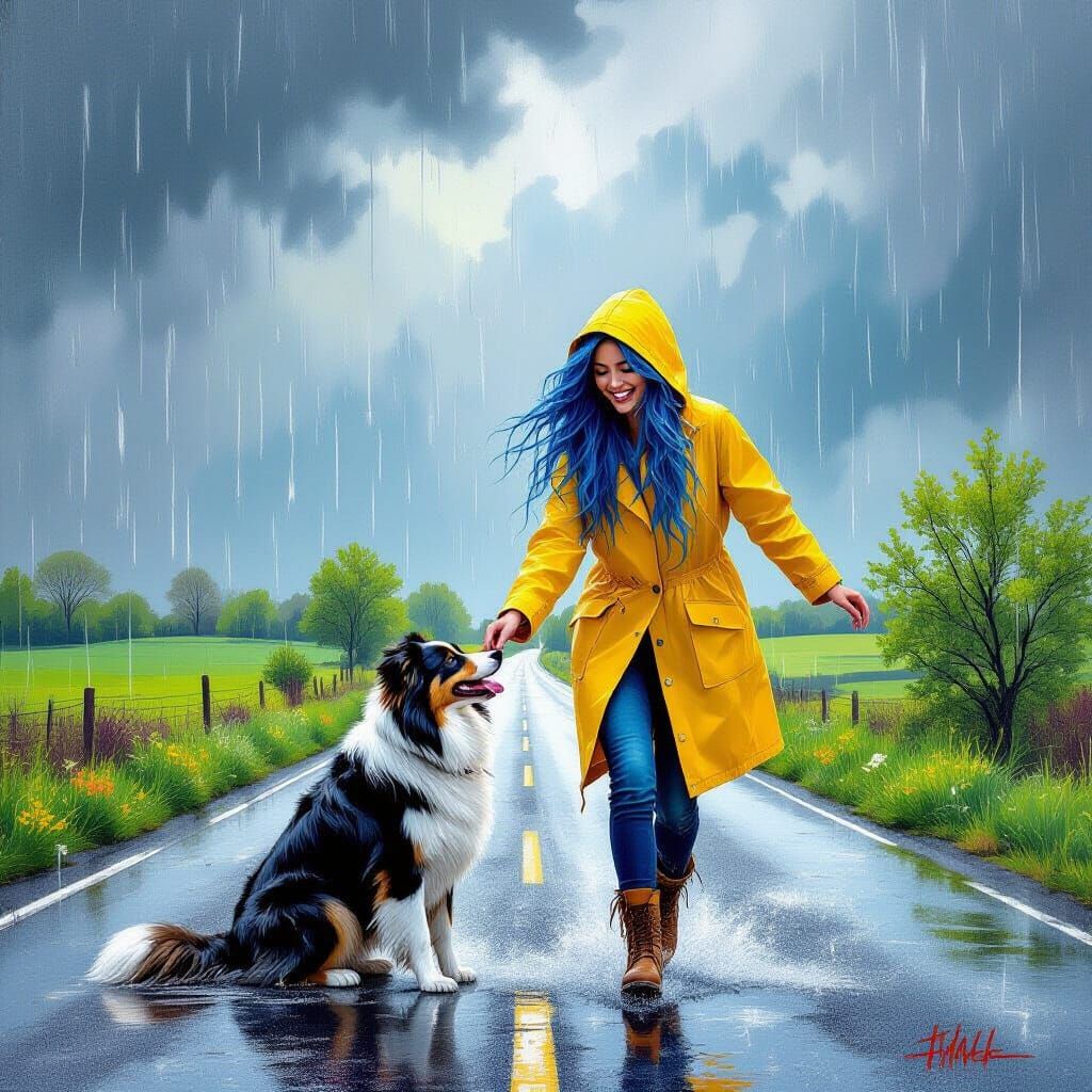 Woman in Yellow Raincoat Plays with Blue-Haired Dog in Sprin...