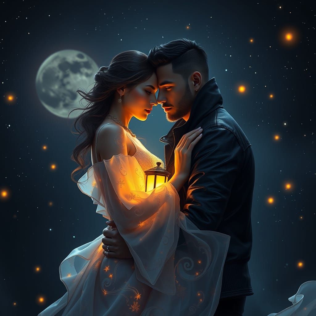 Mystical Couple in Cosmic Night, 8K Cinematic Illustration