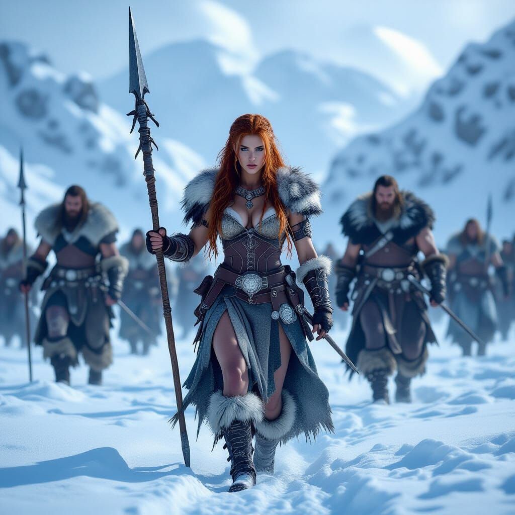 Redhead Barbarian Leader Guides Warriors Through Icy Plains