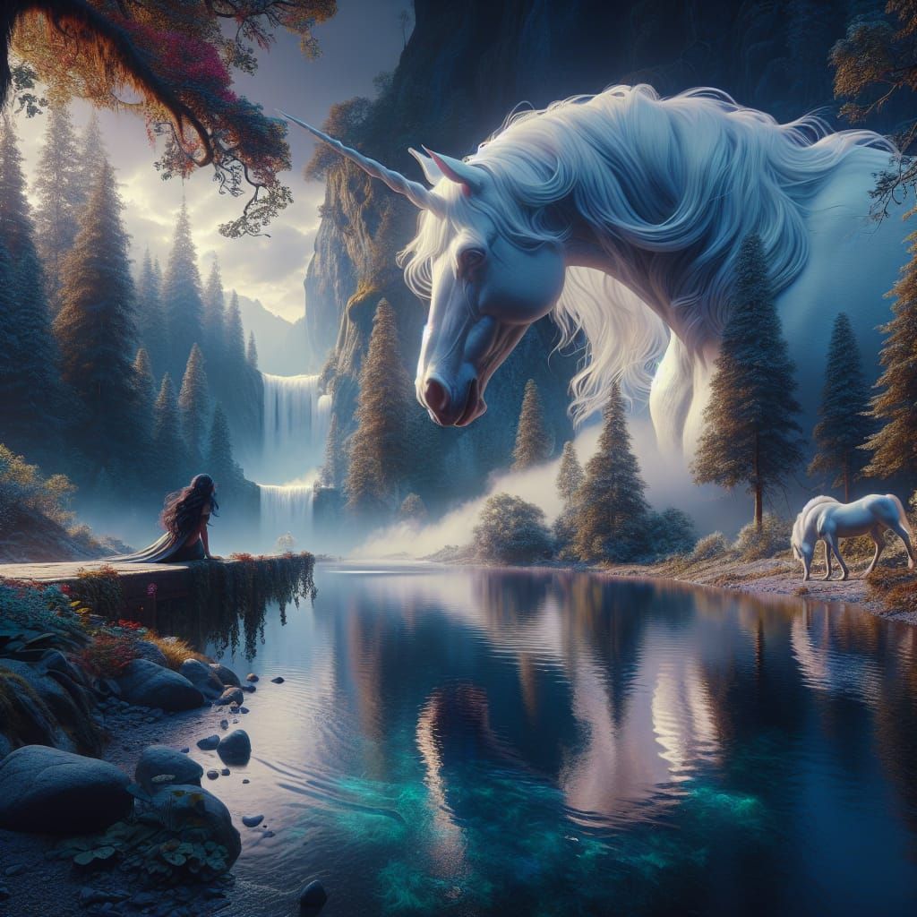 Unicorn and Woman in Fantastical Matte Painting