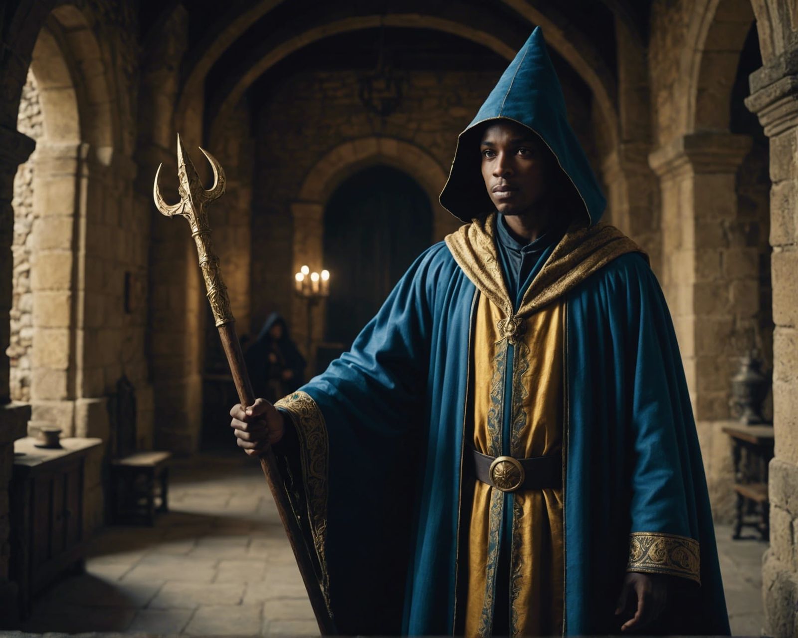 Wizard in Castle Interior: Cinematic Film Still