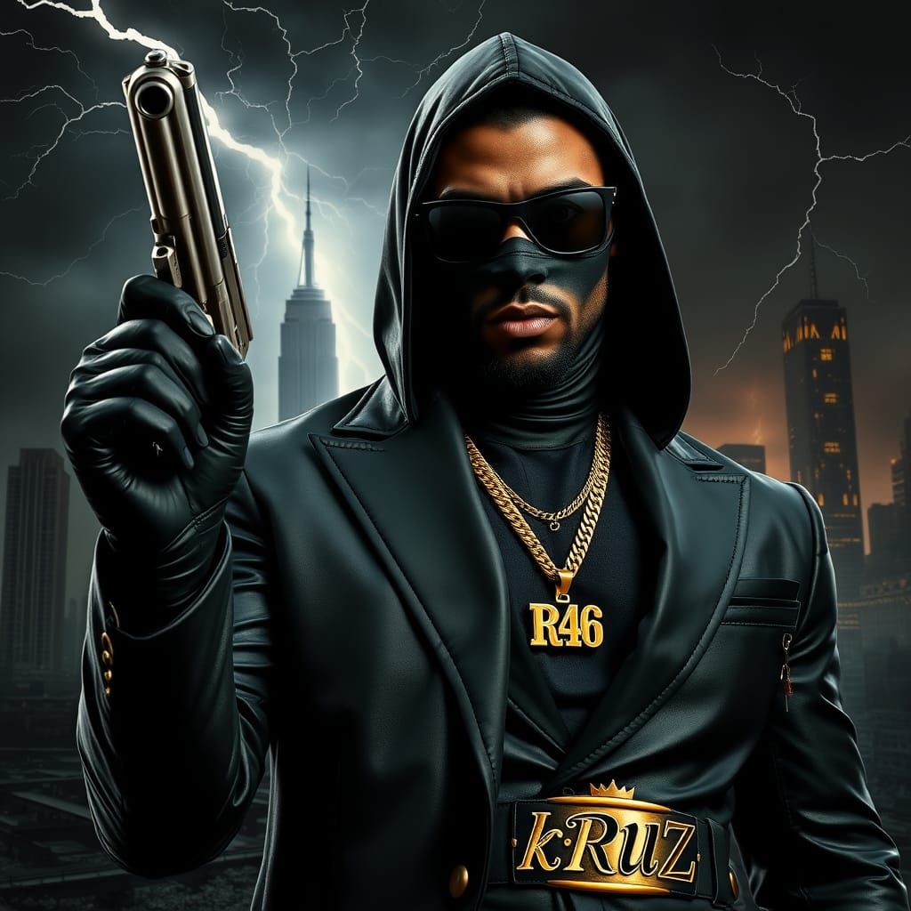 Man in Leather Suit with Gun in Apocalyptic City