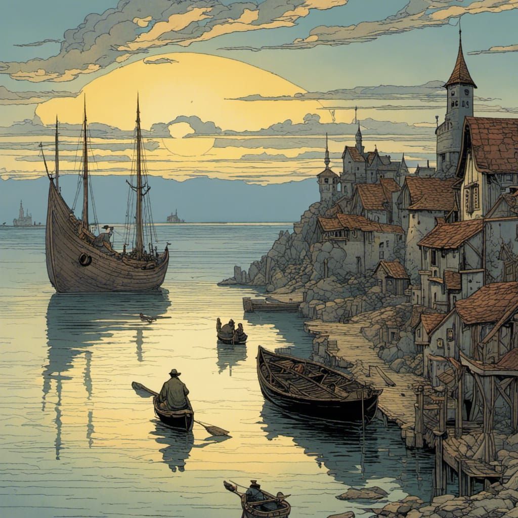 Fisherman at Dawn near Medieval Port Town