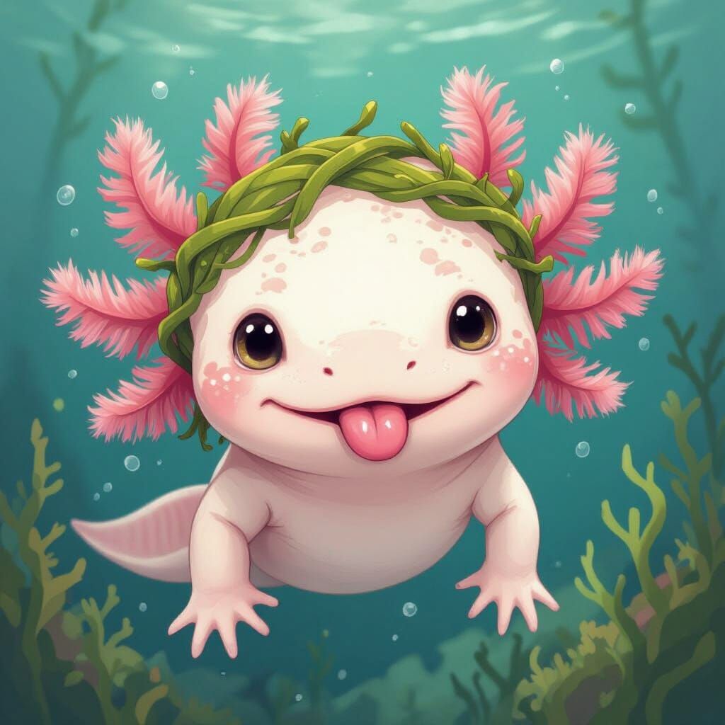 Whimsical Axolotl with Seaweed Ears Underwater