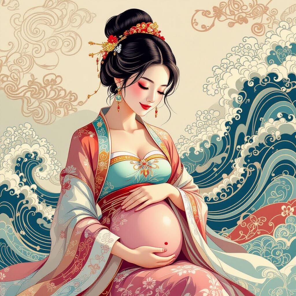Pregnant Ancient Chinese Woman in Silk Gown