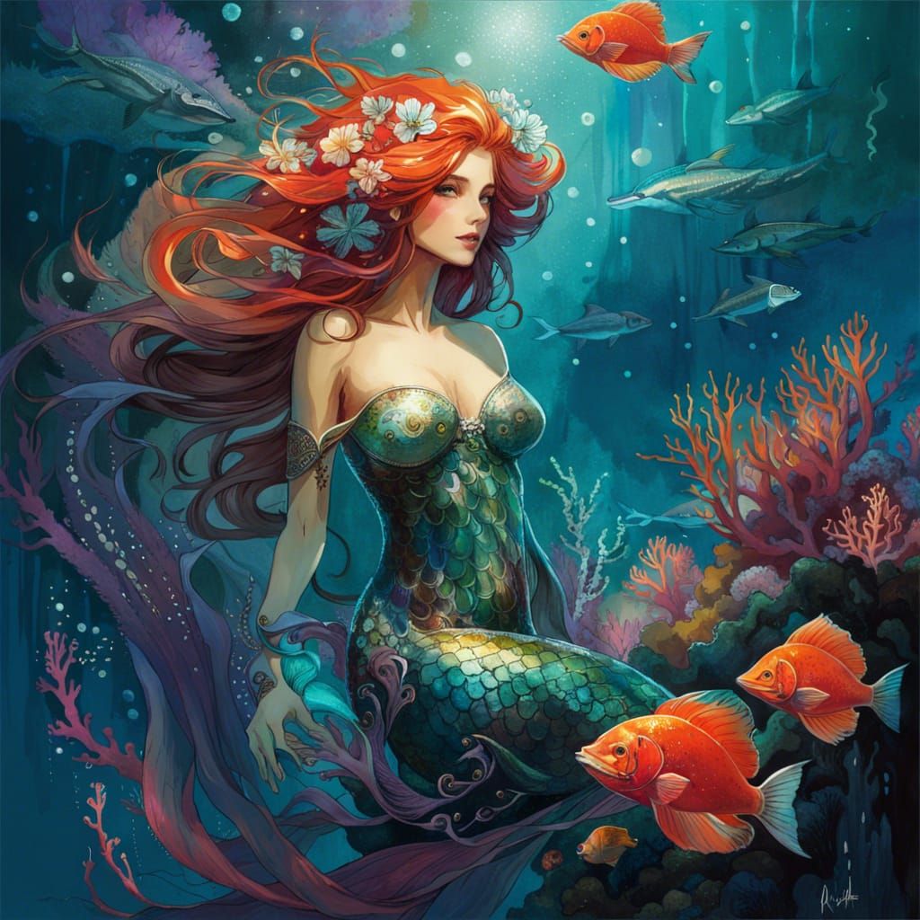 Mermaid posing with fishes