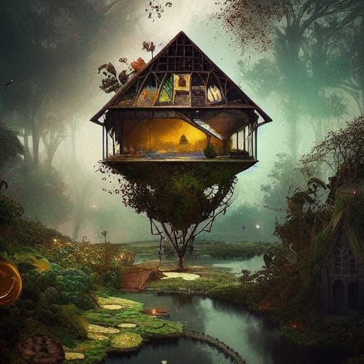 Terrarium House on Floating Island: Digital Art