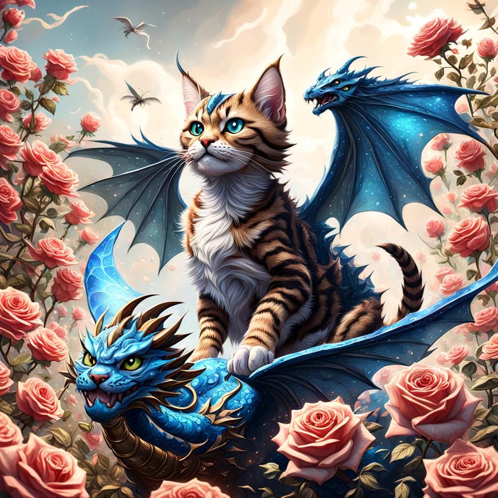 Tabby Cat and Dragon Soaring Through Roses