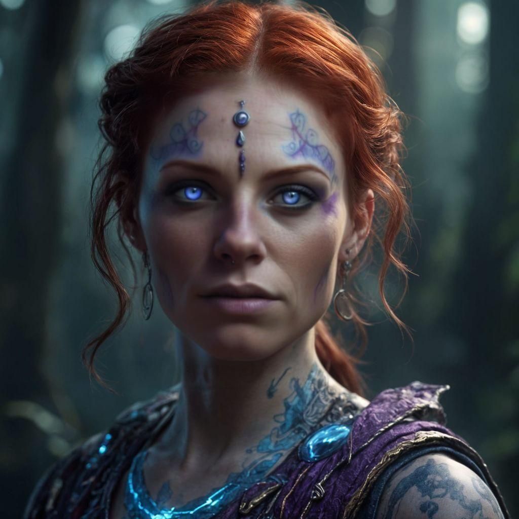 A [wild looking] 42-year-old human female with [blue-gray] eyes, mid-shoulder length [vivid red] hair, a medium [sun-kis...