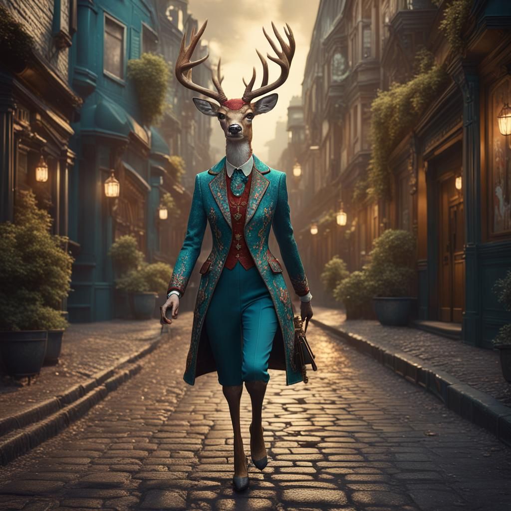 Anthropomorphic Deer in Ornate Suit on Vintage Street