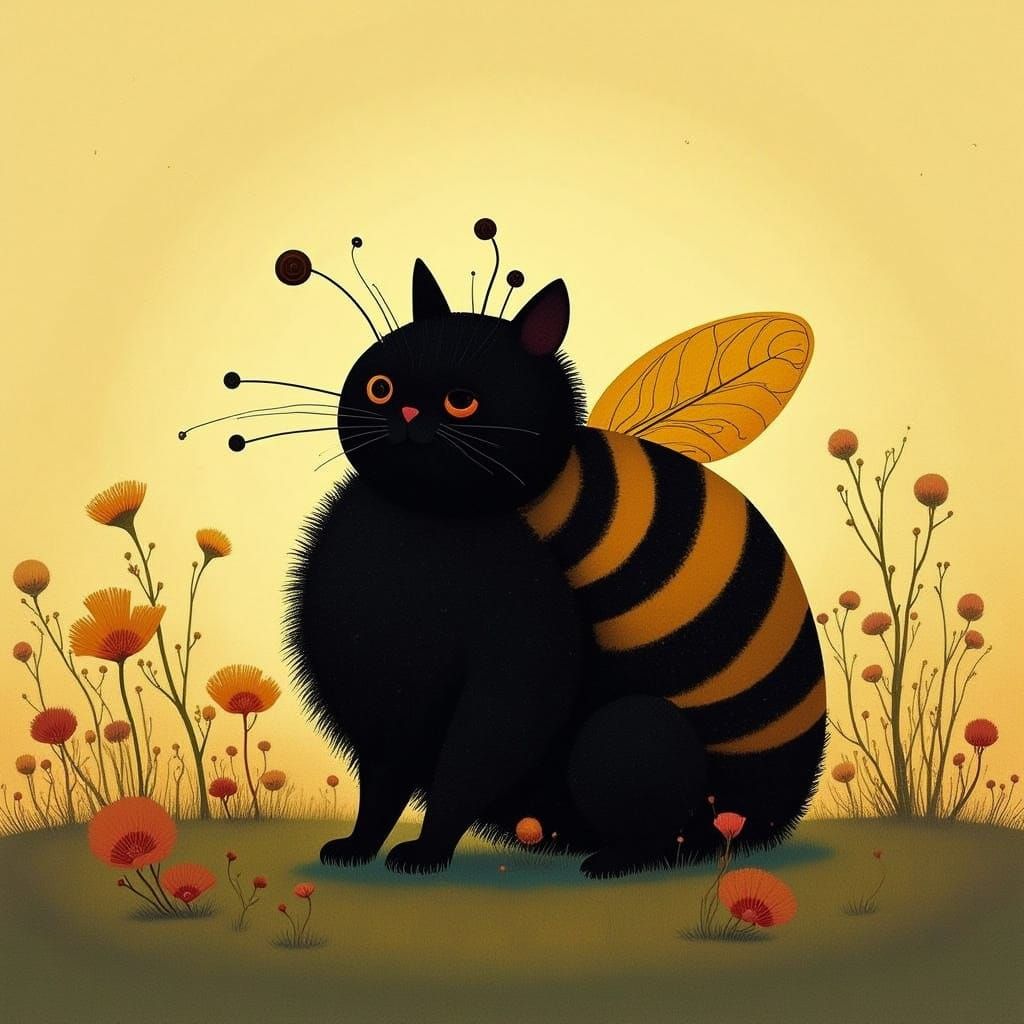 Chubby Black Cat in Bee Costume Amidst Wildflowers