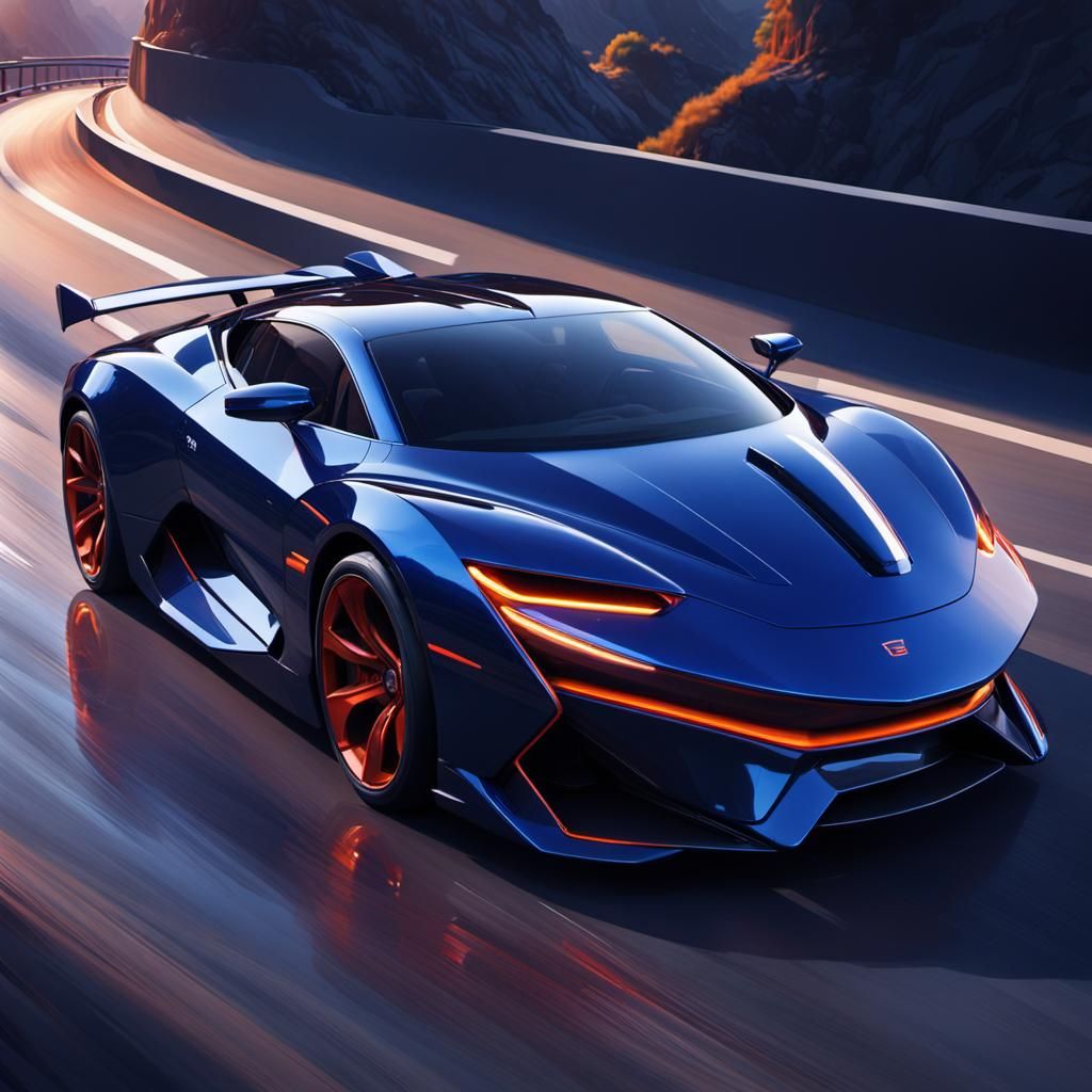 Cobalt Supercar on Mountain Road, Digital Matte Painting