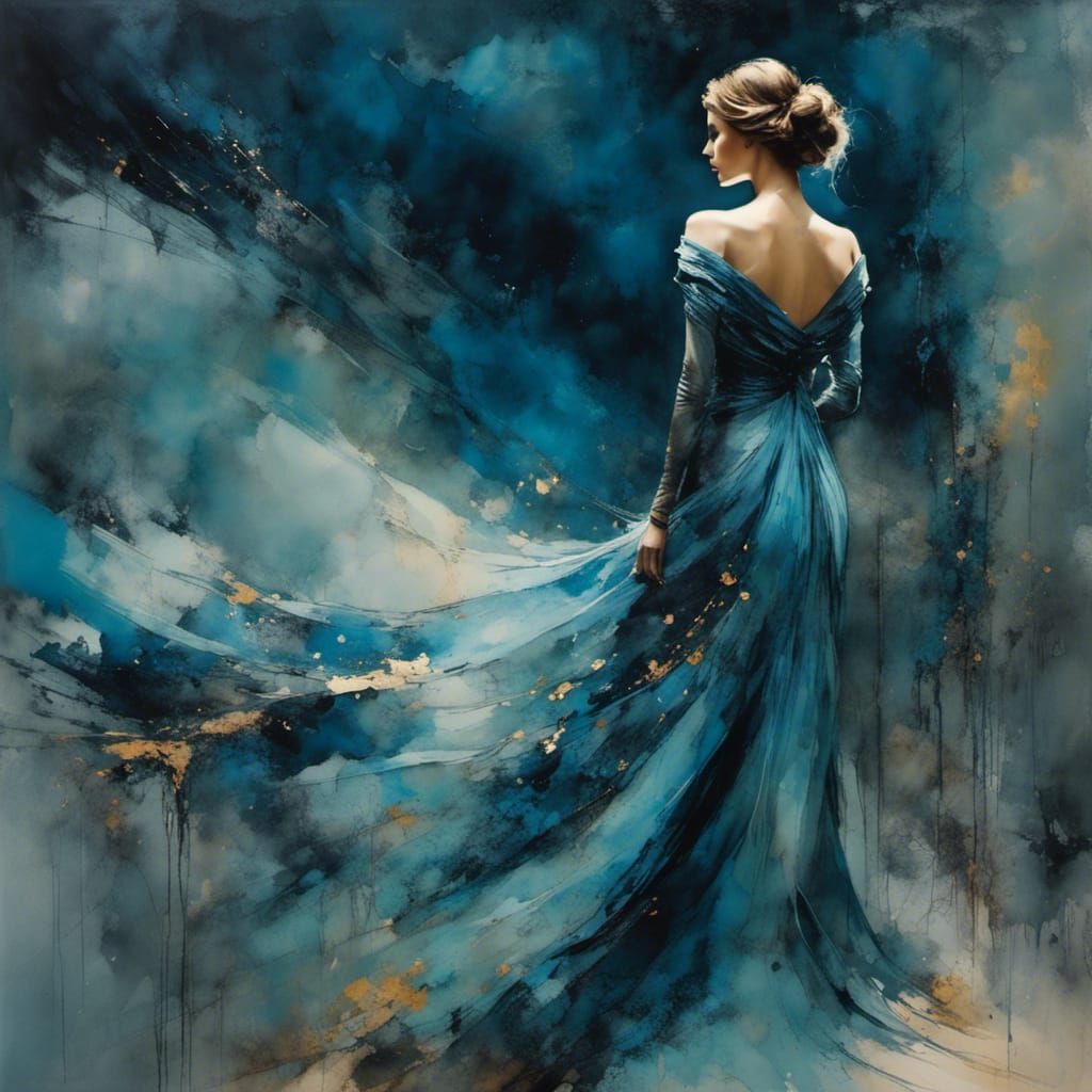 Woman Under Starry Sky in Cubist Mosaic Style