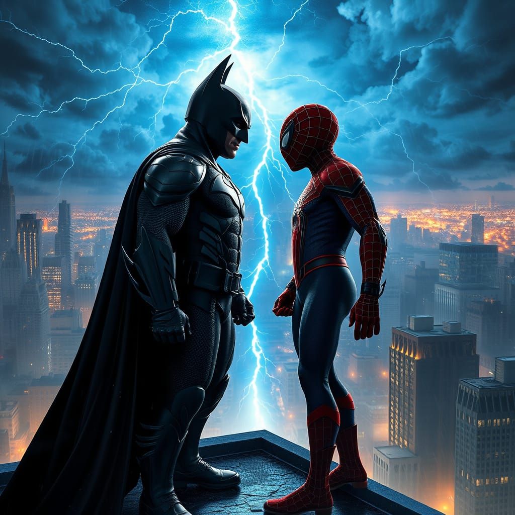 Batman vs Spider-Man: Rooftop Showdown in Electric Storm