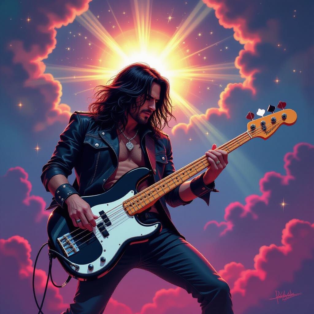 Rock Musician Playing Bass in Neon-Lit Heaven