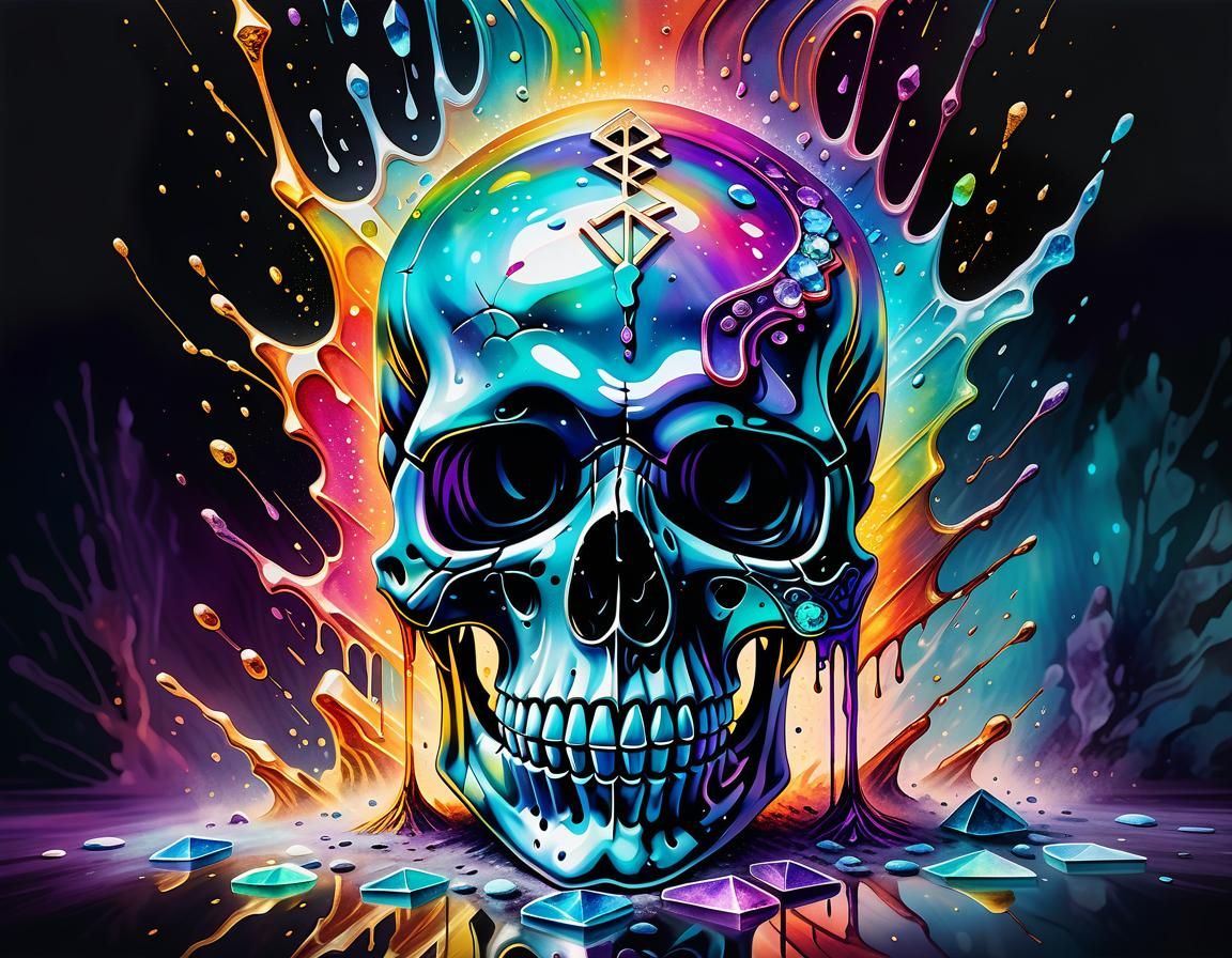 Iridescent Skull Dripping Liquid: Watercolor Art