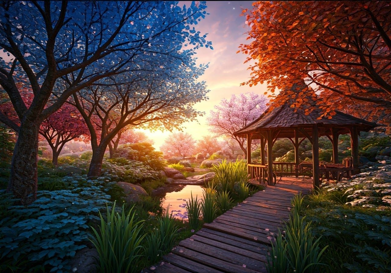 Ethereal Elven Garden Basks in Golden Sunset Light