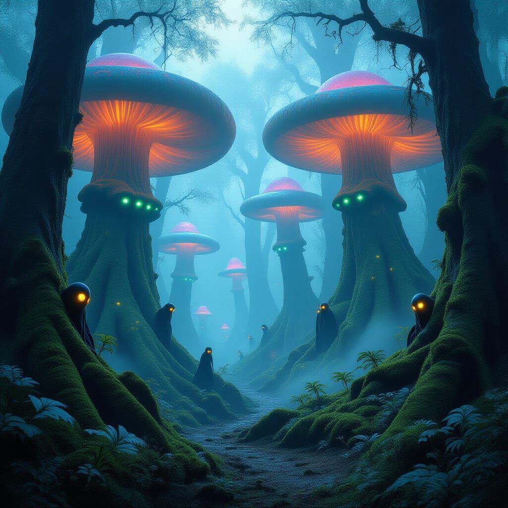 Bioluminescent Mushrooms in Misty Ancient Forest