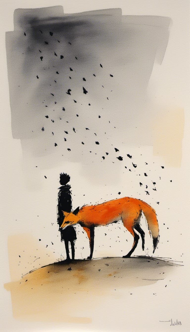 Colorful 'Little Prince and Fox' Gouache Illustration