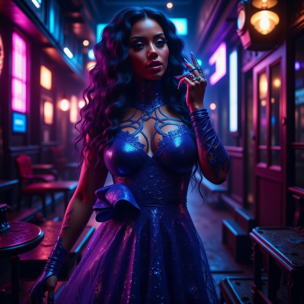 Glamorous Assassin in Cyberpunk Evening Gown