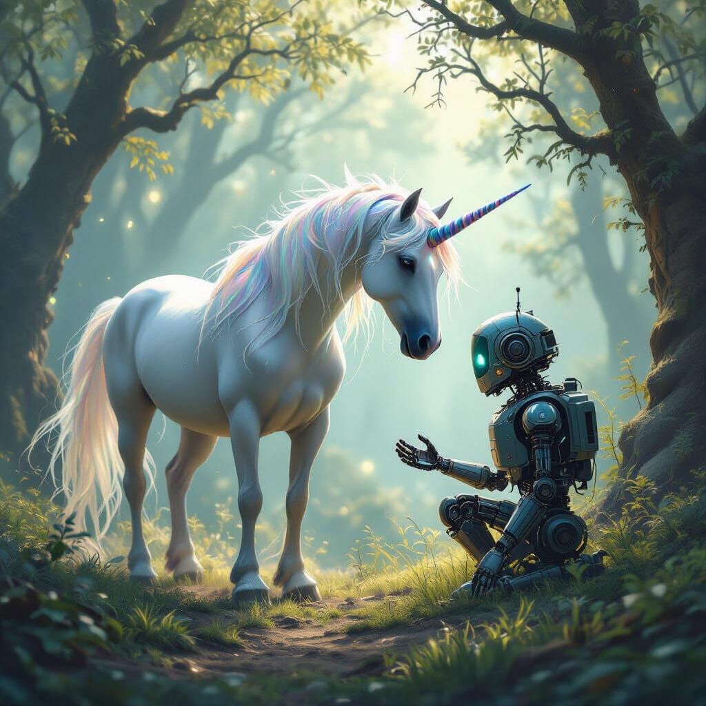 Unicorn Connects with Robot in Mystical Forest