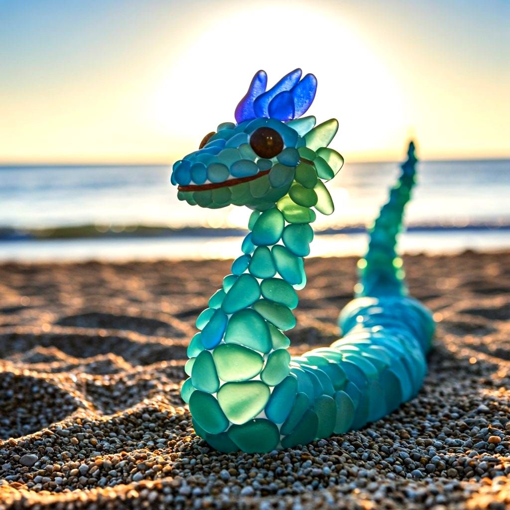 Vibrant Sea Glass Dragon Sculpture on Tropical Beach
