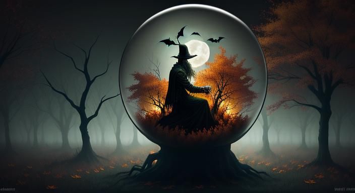 Halloween Ghoul in Glass Sphere with Autumn Leaves